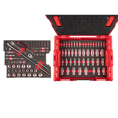 Tekton 105pc 1/4, 3/8 In Dr 6-Point Socket Set w/ Lid Insert in Stacking Tool Box (5/32 - 1 in, 4 - 24 mm) OLB91301